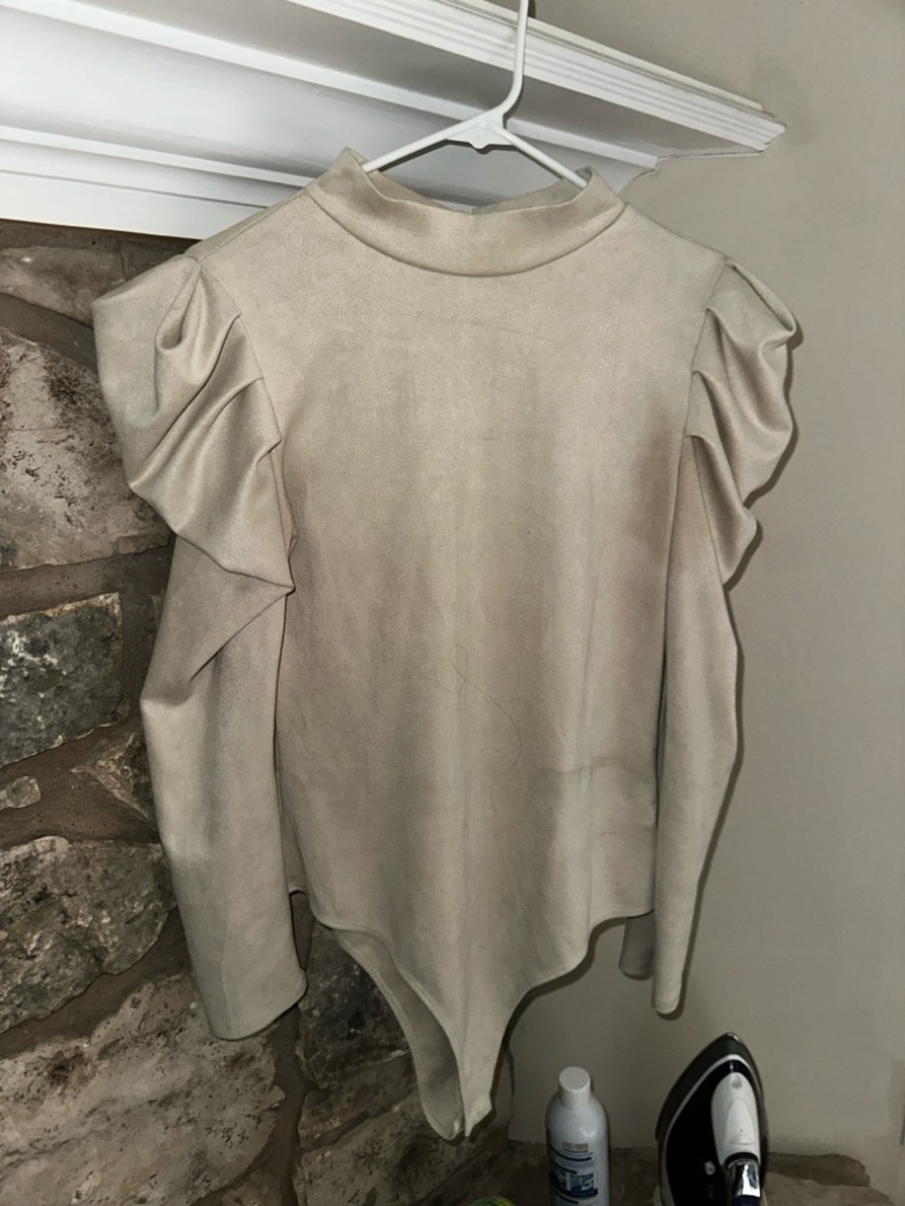 Womens Cream Ruffle Shoulder Mock Neck Top